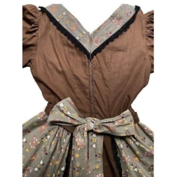 60s VTG Cottage Core Prairie Core Square Dance Brown Floral Hearts Dress Women’s - Picture 3 of 12